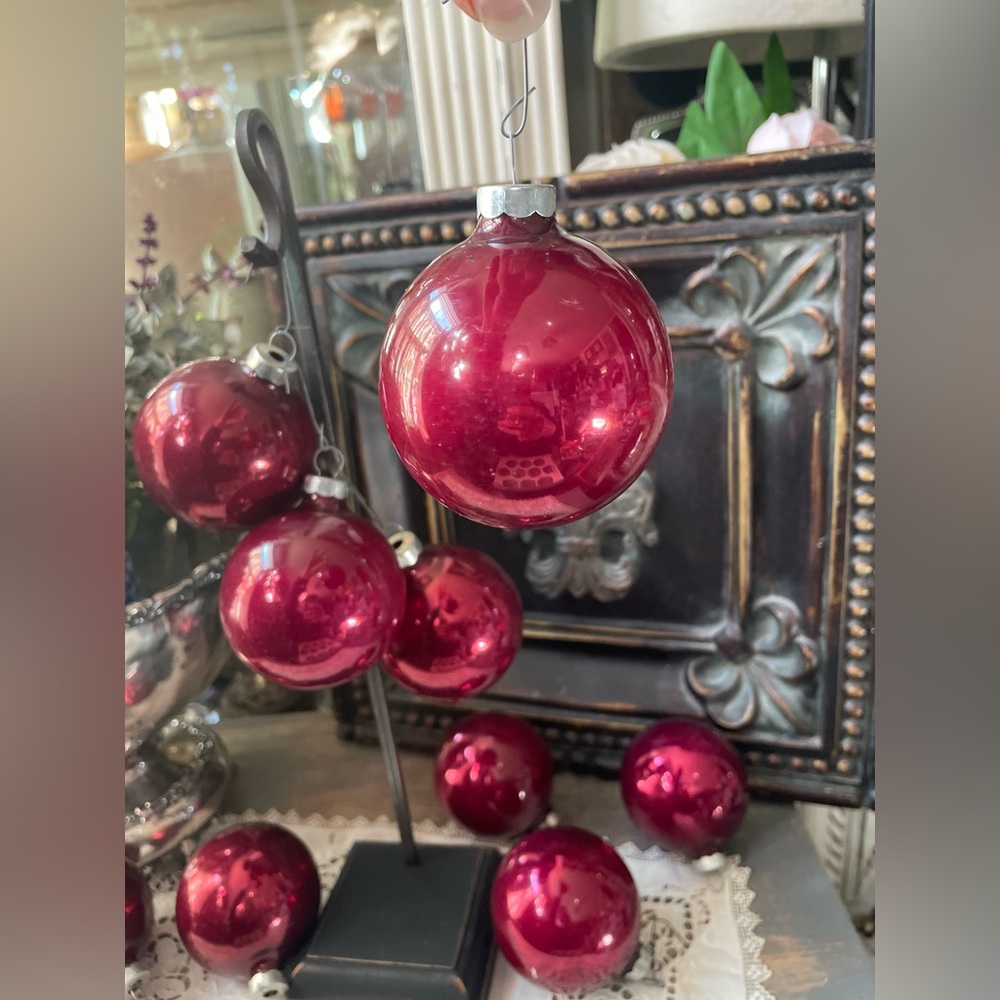 Holly vintage cranberry glass ball ornaments USA